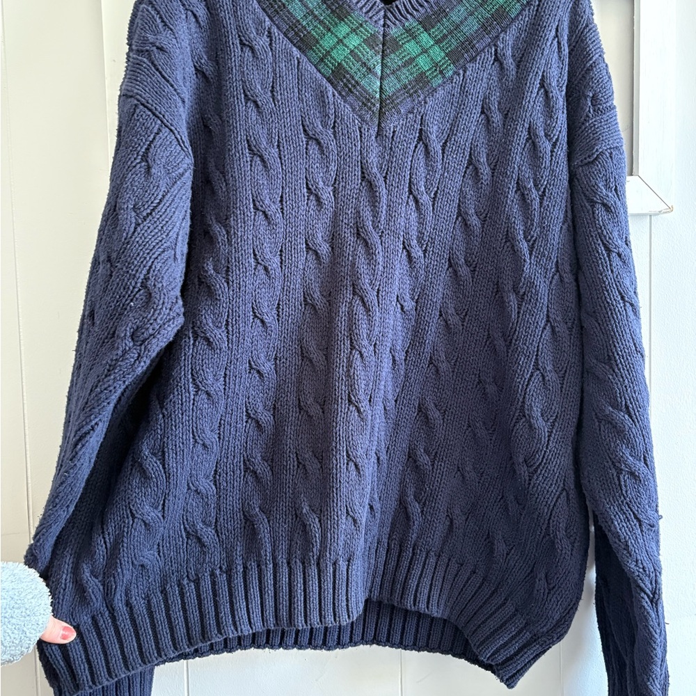 Women’s XL Vintage Gap Cable Knit 100% Cotton Sweater Navy & Green Plaid V Neck - Picture 10 of 11